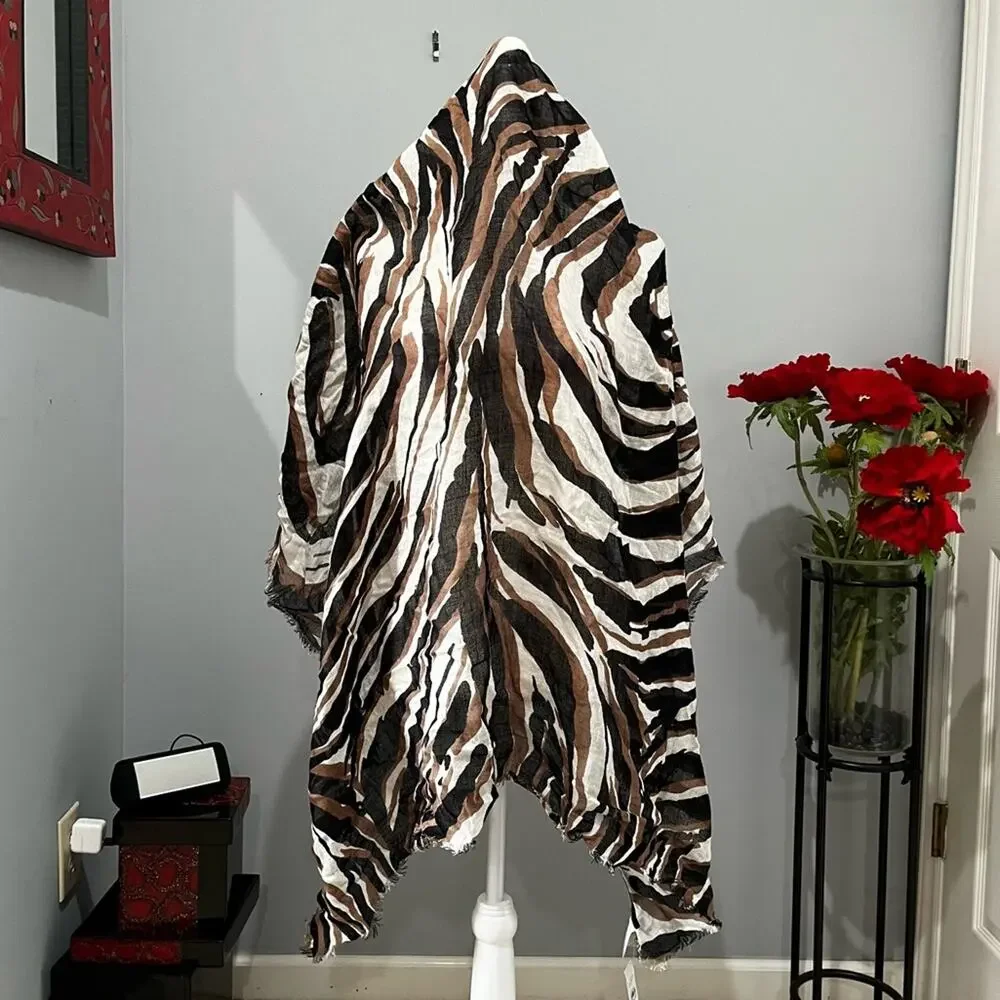 NEW Ann Taylor Loft Linen Multicolor Raw Hem Oversized Neutral Wrap Scarf OS NWT